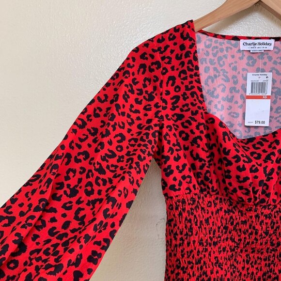 Charlie Holiday Penelope Smocked Leopard-Print Womens Top XS / 2 Red - Picture 7 of 12